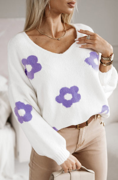 Ahara Floral Knitted Jumper Sweater Top-Purple