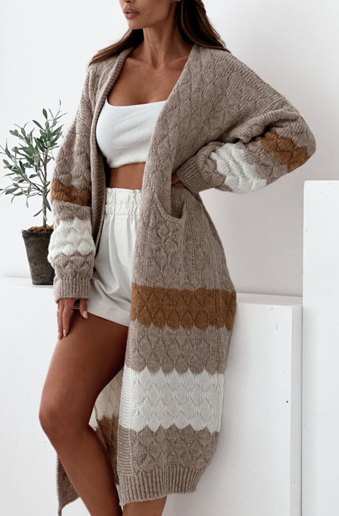 Alexis Longline Contrast Knitted Cardigan-Brown