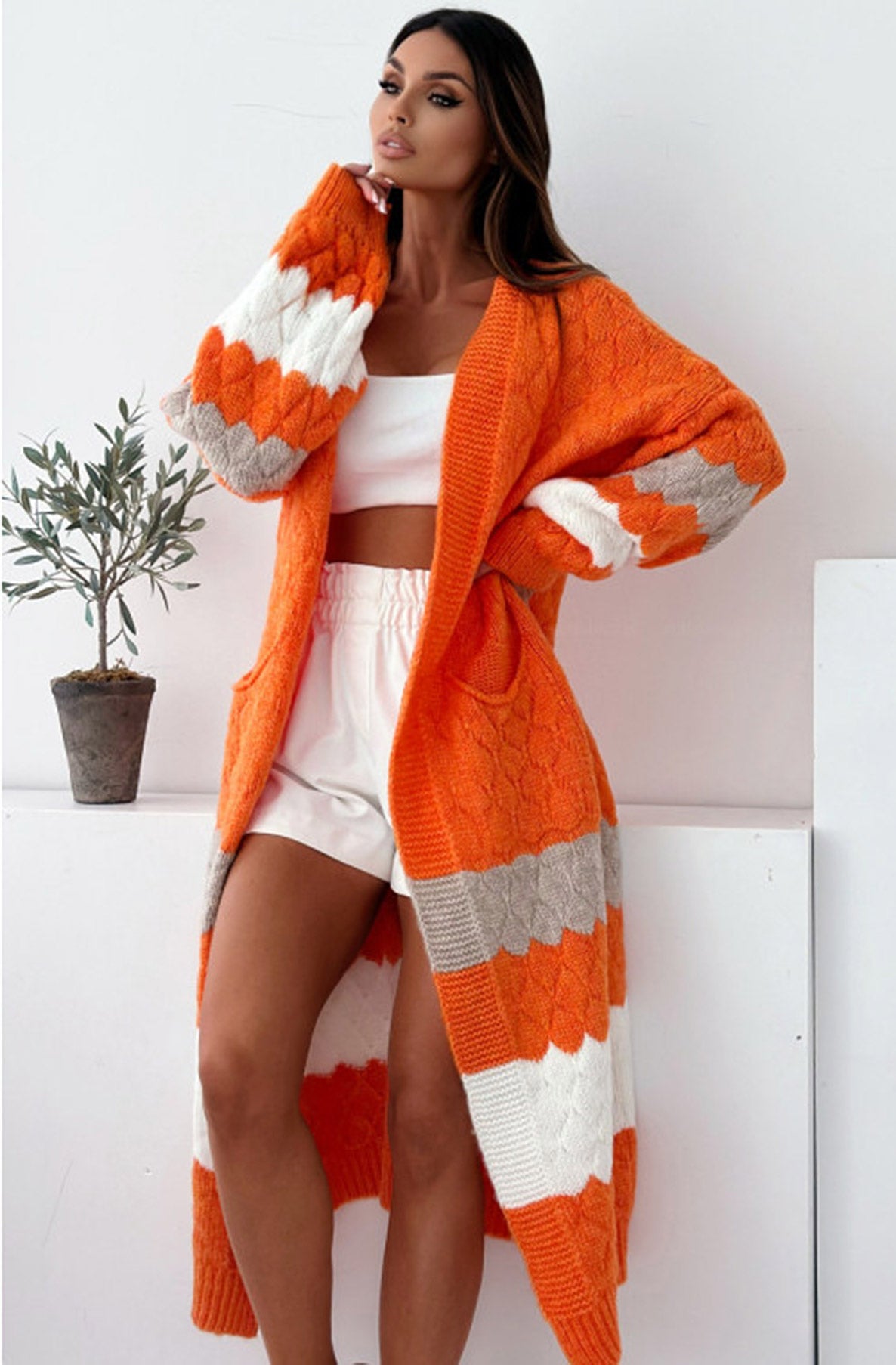 Alexis Longline Contrast Knitted Cardigan-Orange