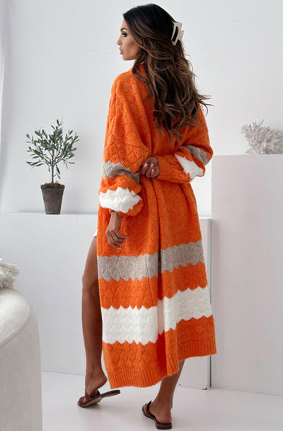 Alexis Longline Contrast Knitted Cardigan-Orange