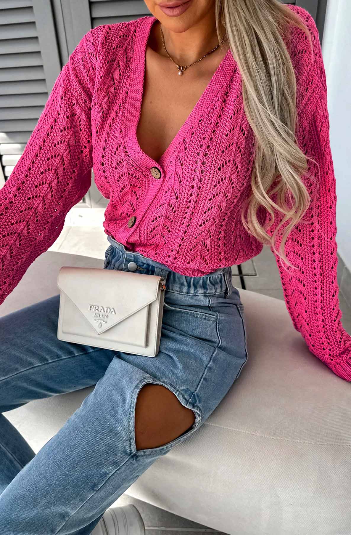 Arlina Crochet Knitted Light Wear Cardigan-Hot Pink