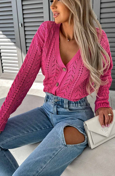 Arlina Crochet Knitted Light Wear Cardigan-Hot Pink