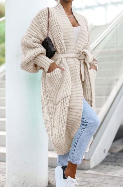 Arya Longline Belted Knitted Cardigan-Stone