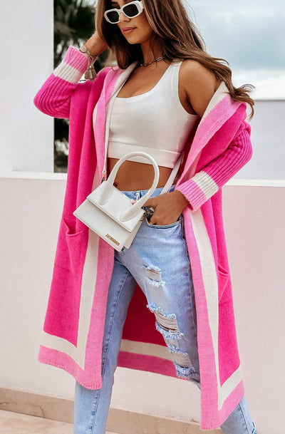 Bahira Longline Hooded Knitted Cardigan-Hot Pink