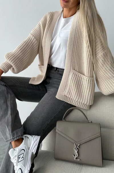 Bella Pocket Detail Knitted Cardigan-Cream