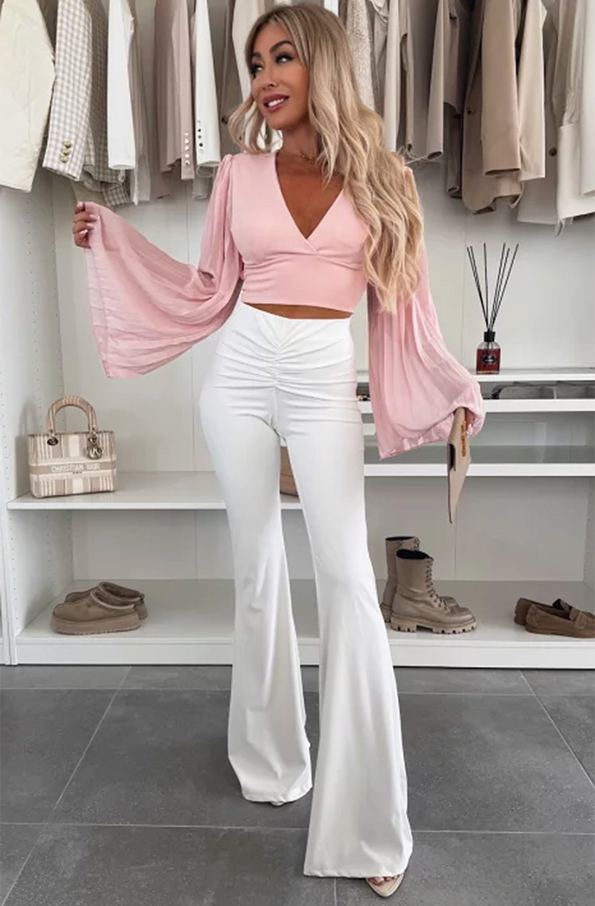 Britney Flute Sleeve Tie-Up Cropped Top-Baby Pink