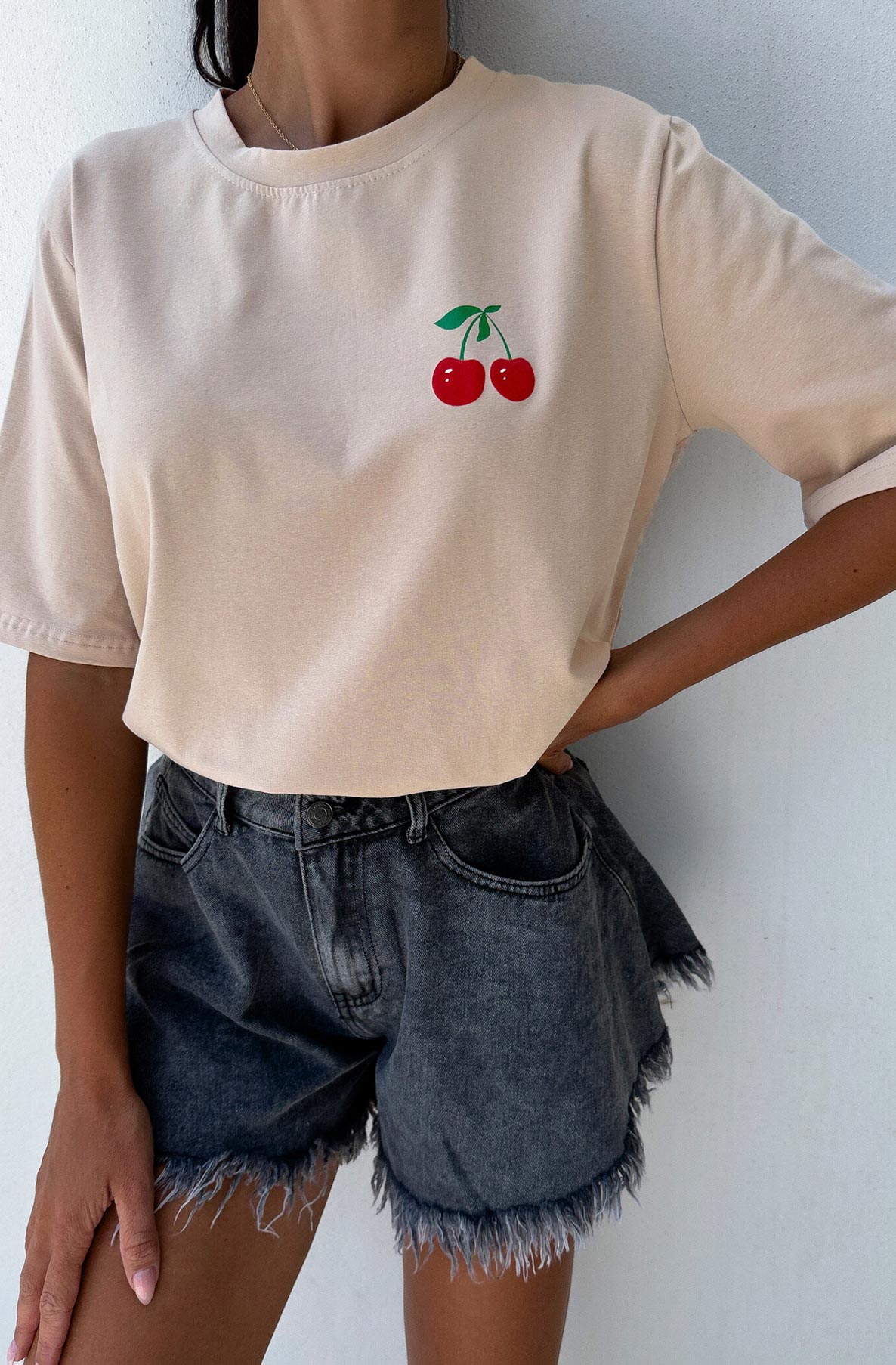 'Cherry' Graphic Printed T-Shirt Top-Stone