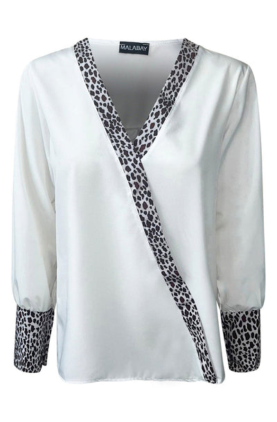 Ciara Contrast Leopard Print Blouse Shirt Top-Ivory