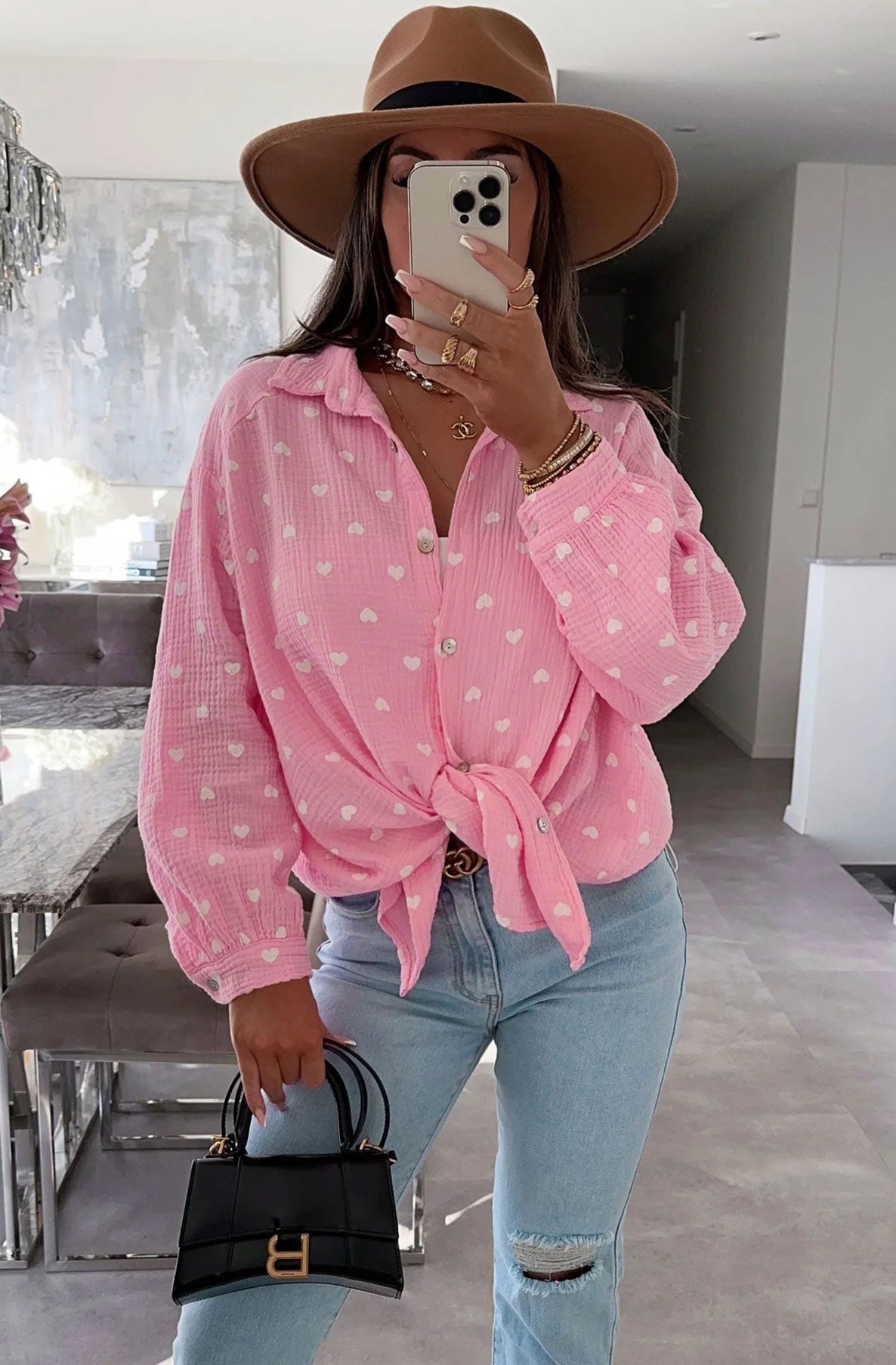 Dina 'Hearts' Printed Oversized Blouse Shirt Top-Pink