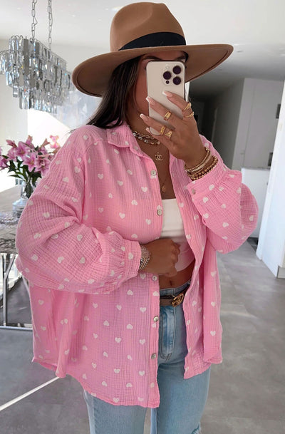 Dina 'Hearts' Printed Oversized Blouse Shirt Top-Pink