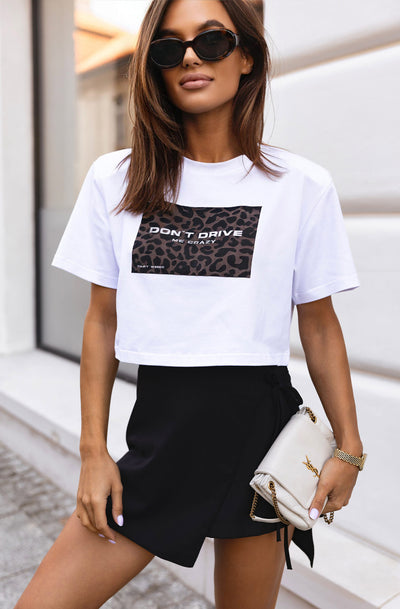 'Don't Drive Me Crazy' Graphic Printed Cropped T-Shirt Top-Ivory