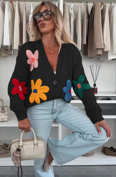 Enya 'Flower' Applique Embroidered Knitted Cardigan-Black