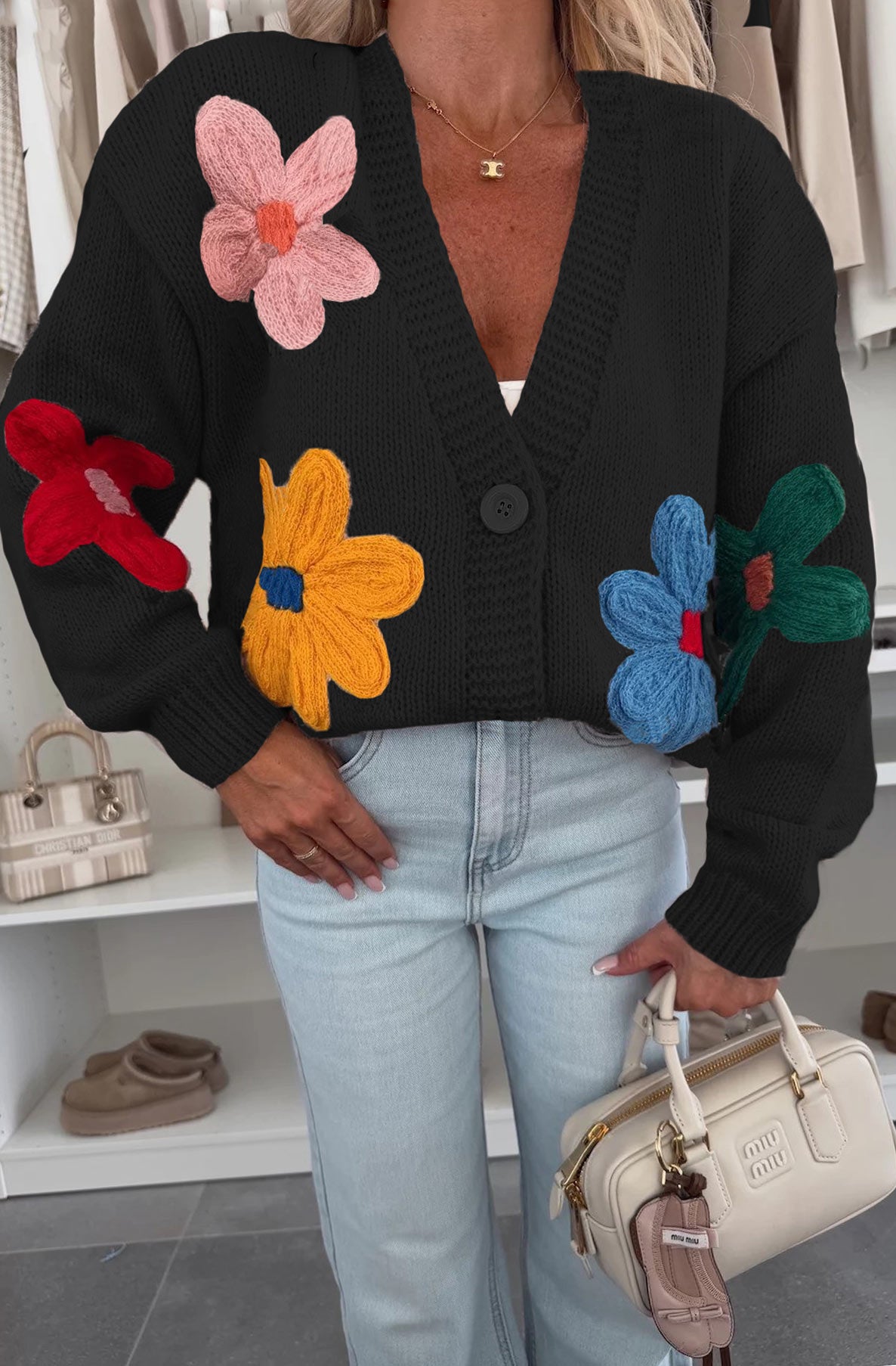 Enya 'Flower' Applique Embroidered Knitted Cardigan-Black