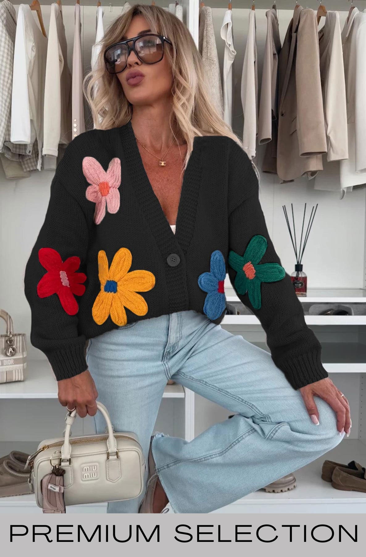 Enya 'Flower' Applique Embroidered Knitted Cardigan-Black