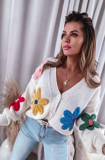 Enya 'Flower' Applique Embroidered Knitted Cardigan-Ivory