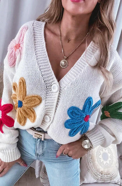 Enya 'Flower' Applique Embroidered Knitted Cardigan-Ivory