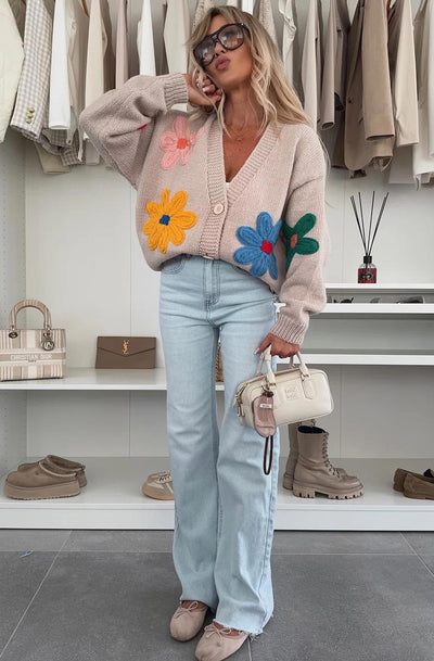 Enya 'Flower' Applique Embroidered Knitted Cardigan-Stone