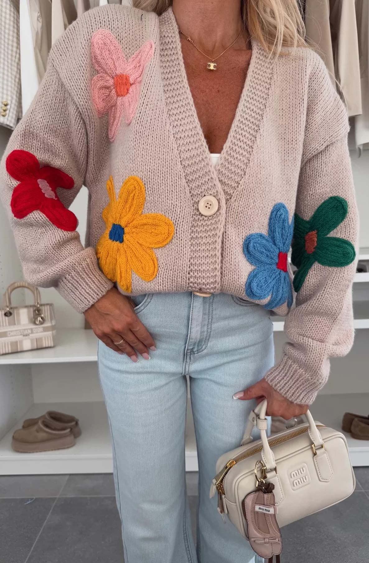 Enya 'Flower' Applique Embroidered Knitted Cardigan-Stone