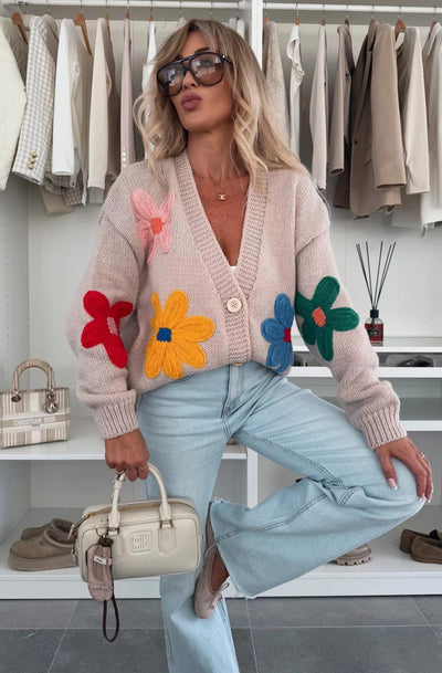 Enya 'Flower' Applique Embroidered Knitted Cardigan-Stone