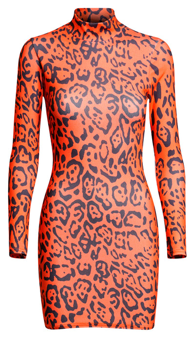 Faria Leopard High Neck Bodycon Mini Dress-Orange