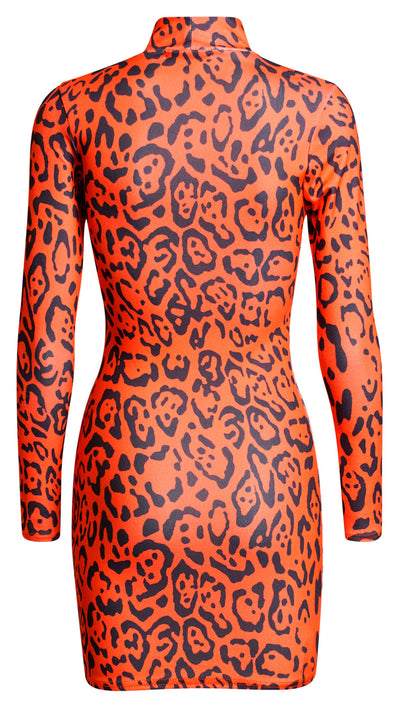 Faria Leopard High Neck Bodycon Mini Dress-Orange