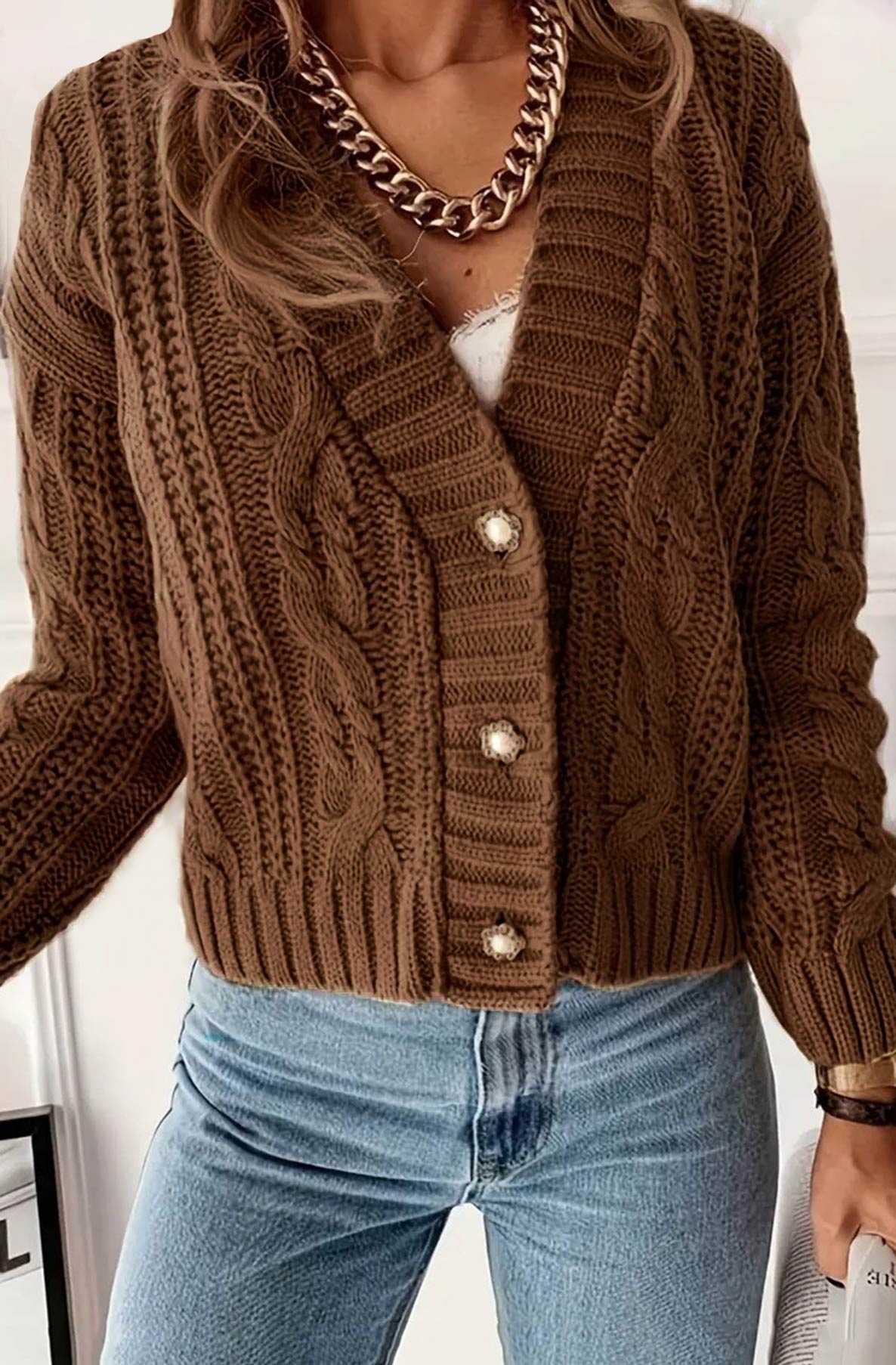 Jasmine Pearl Button Detail Knitted Cardigan-Brown