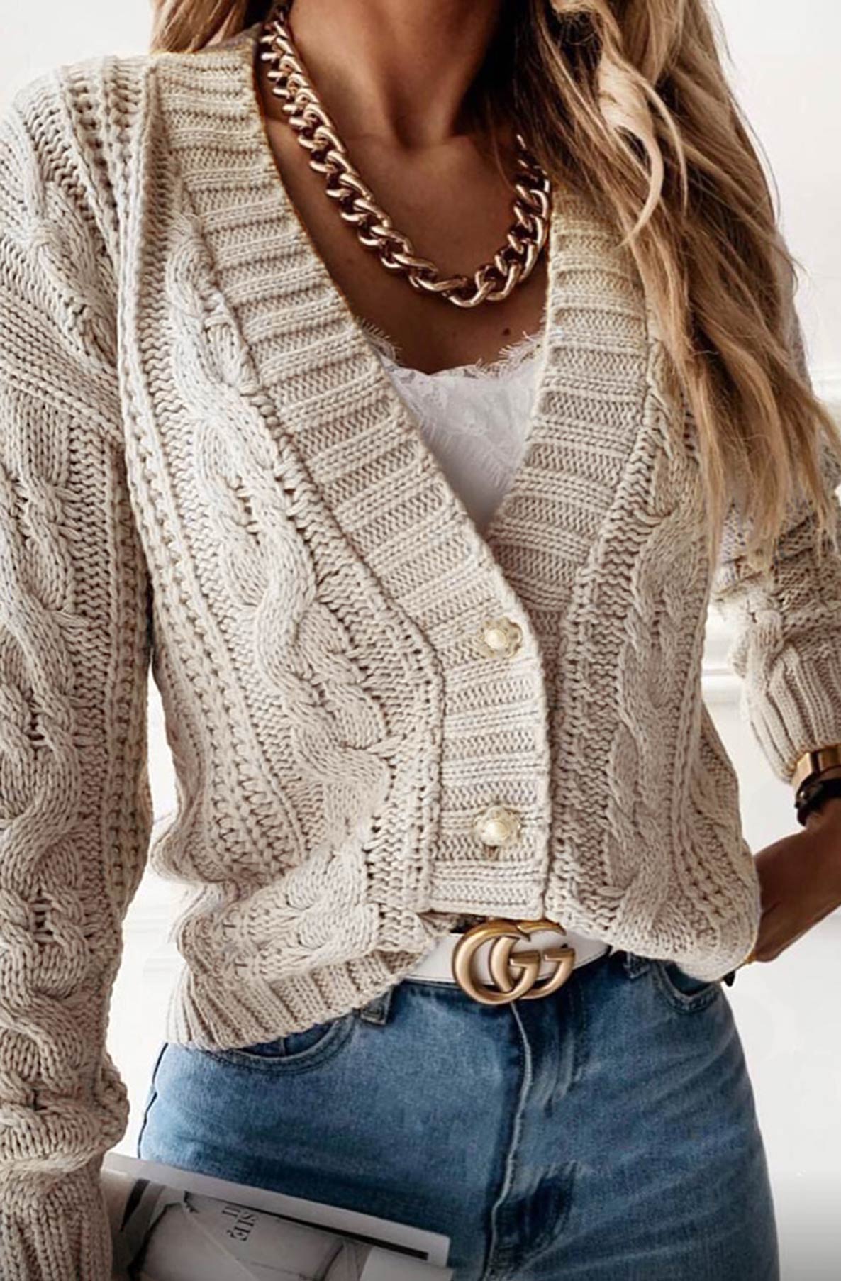 Jasmine Pearl Button Detail Knitted Cardigan-Stone