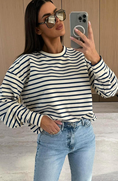 Jaz Striped Ruched Sleeves Top-Ivory