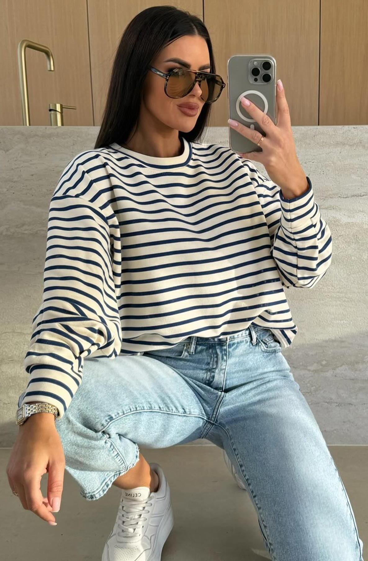 Jaz Striped Ruched Sleeves Top-Ivory