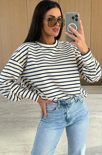 Jaz Striped Ruched Sleeves Top-Ivory