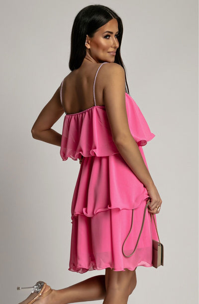 Kenedie Chiffon Frill Tiered Dress-Pink