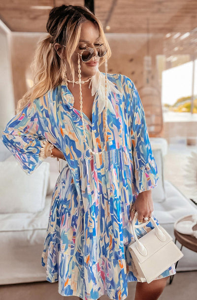 Kira Oversized Abstract Marble Tunic Dress-Blue