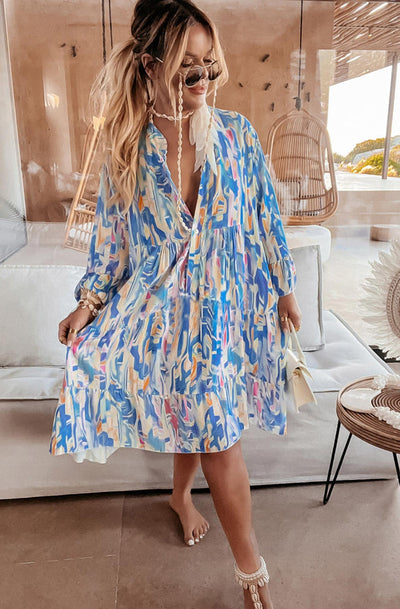 Kira Oversized Abstract Marble Tunic Dress-Blue