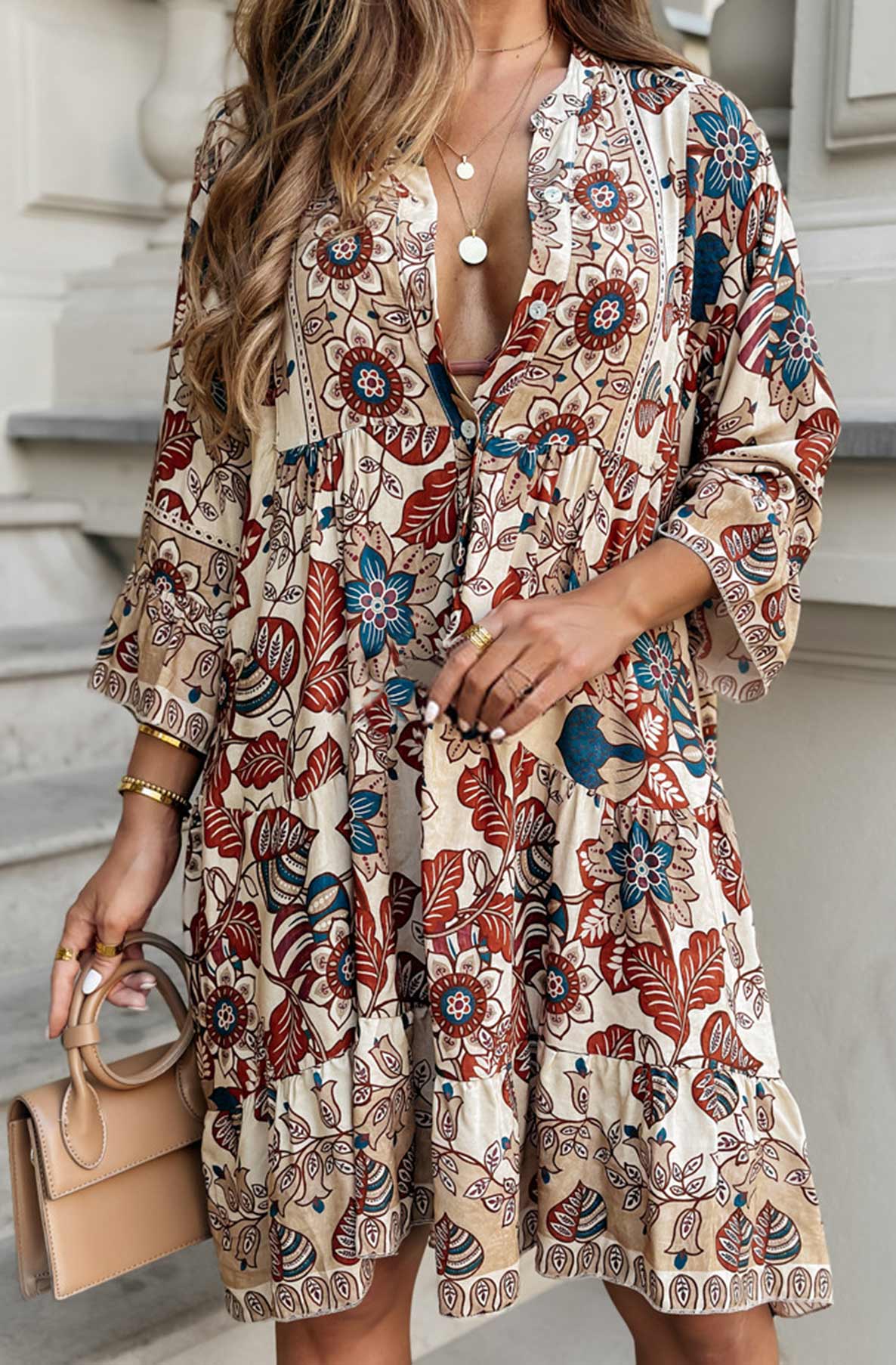 Kira Boho Oversized Abstract Floral Tunic Dress-Stone