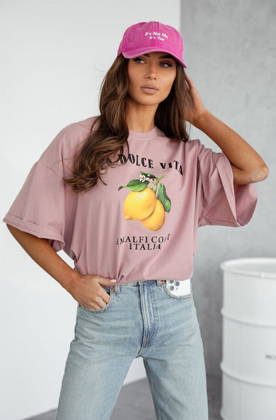 'La Dolce Vita-Amalfi Coast Italia' Graphic Lemon T. Shirt Top-Dusty Pink