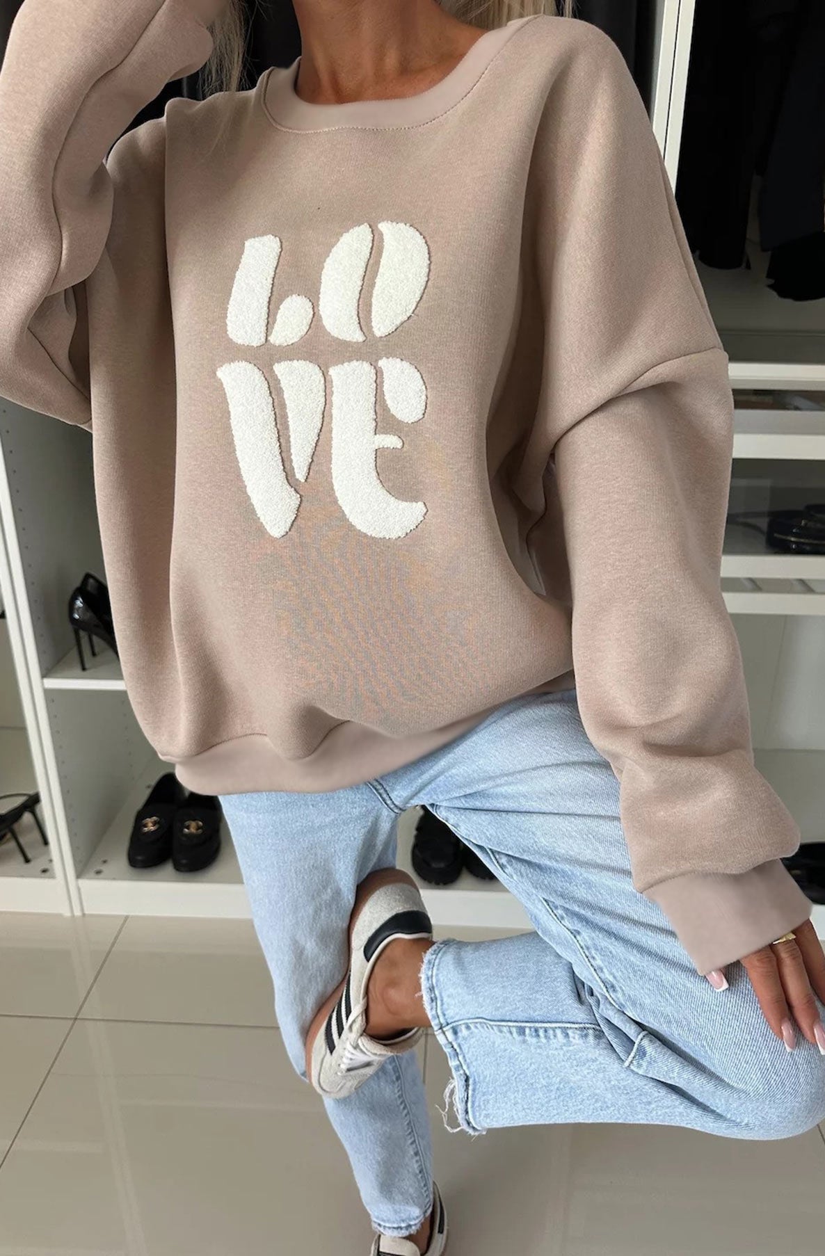 'LOVE' Graphic Printed Jumper Sweater Top-Mocha