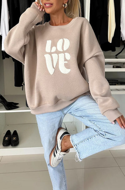 'LOVE' Graphic Printed Sweatshirt Top-Mocha