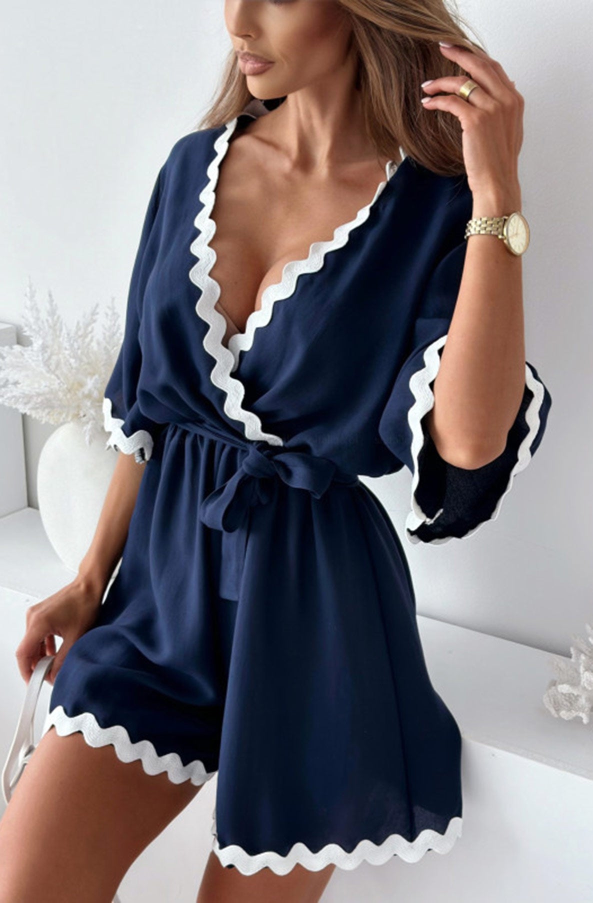 Mara Front Wrap Contrast Trim Playsuit-Navy