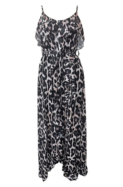 Diane Animal Wrap Frill Chiffon Maxi Dress-Brown