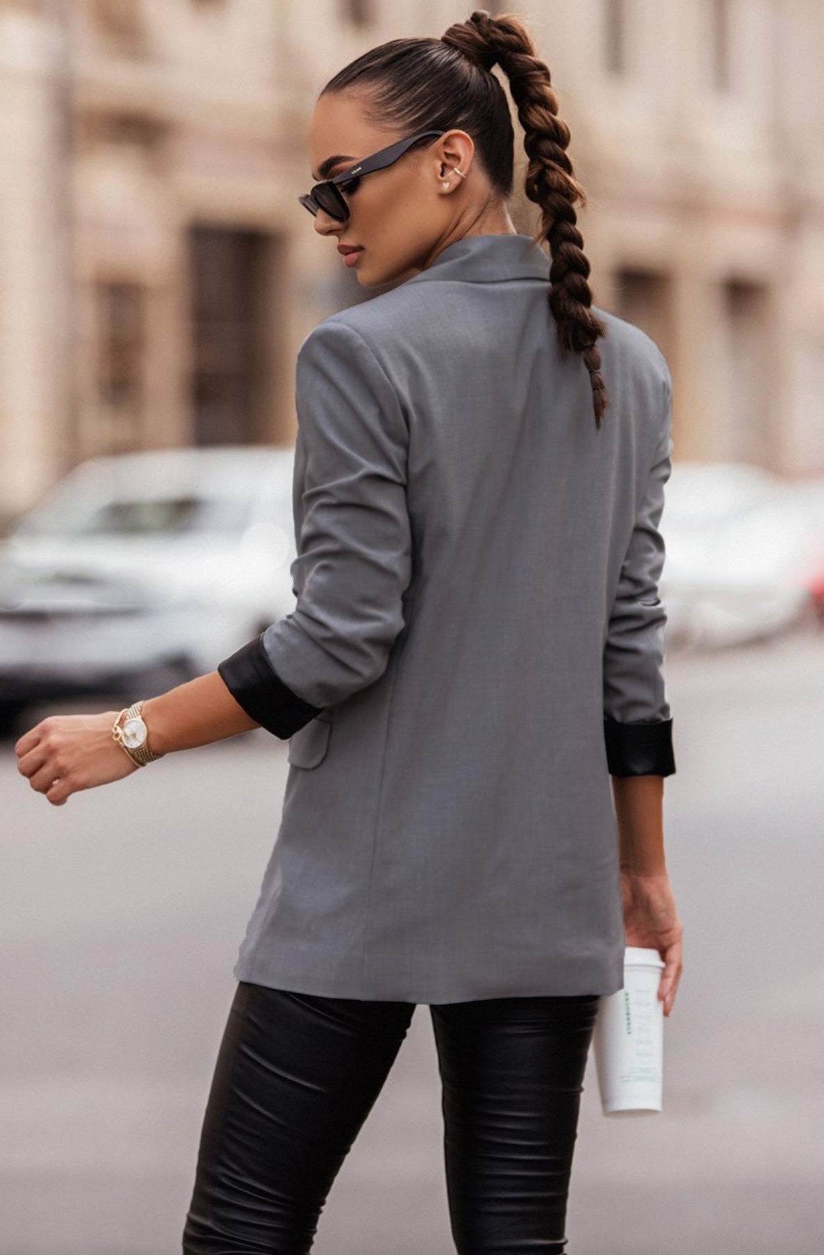 Myla Oversized Faux Leather Blazer Jacket-Grey