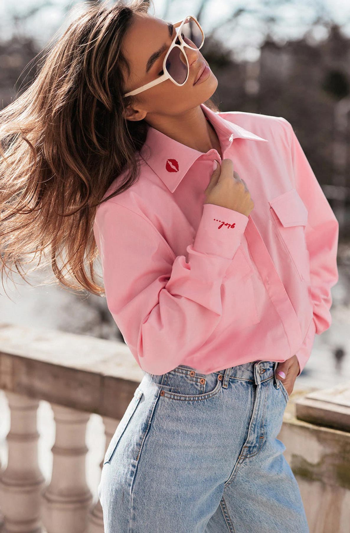 Natasha 'Lips' Applique Blouse Shirt Top-Peach