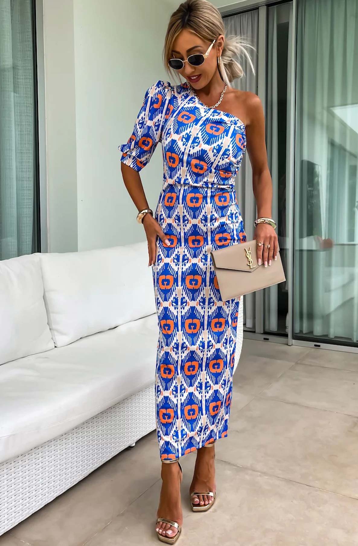 Nicola One Shoulder Patterned Midaxi Dress-Blue