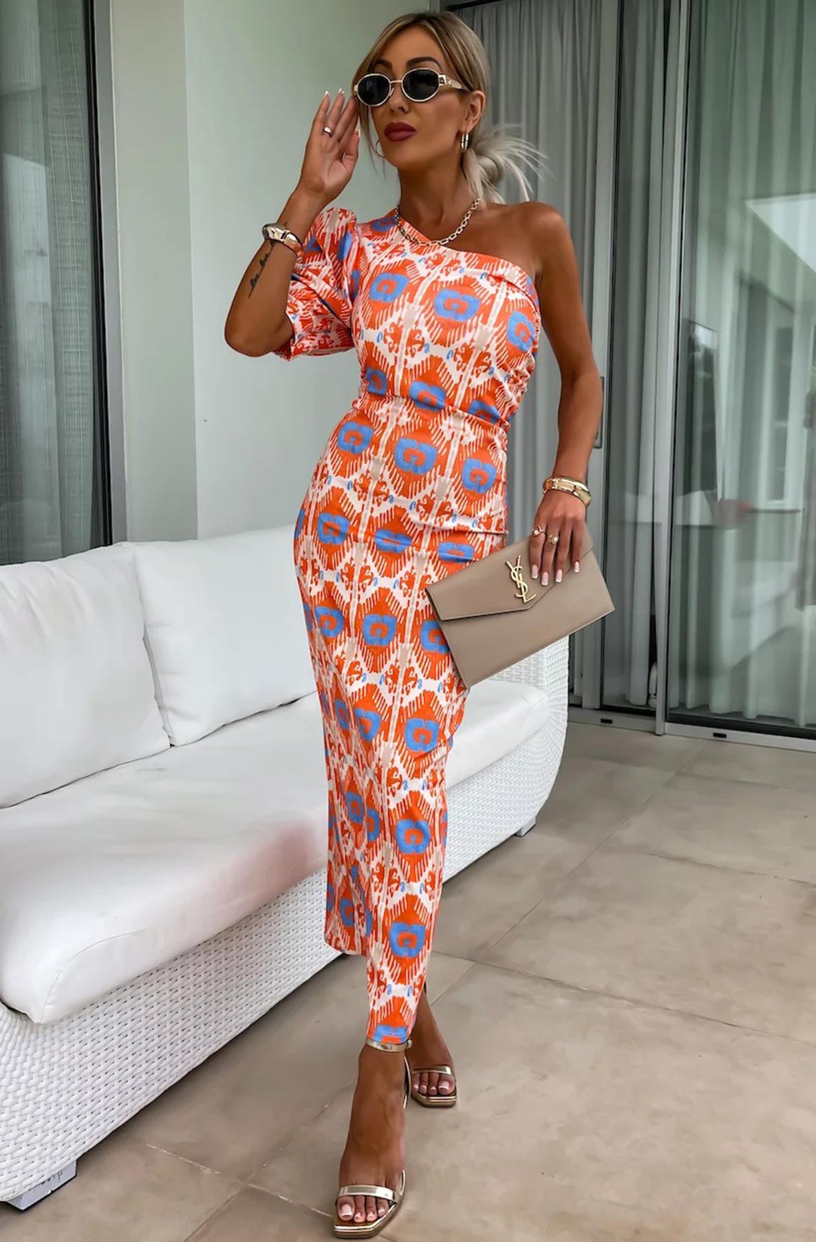 Nicola One Shoulder Patterned Midaxi Dress-Orange