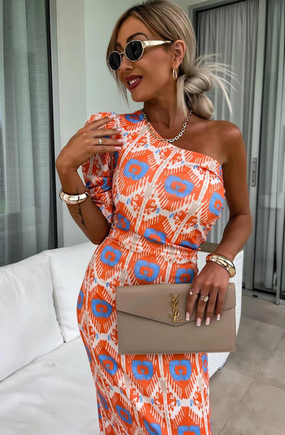 Nicola One Shoulder Patterned Midaxi Dress-Orange