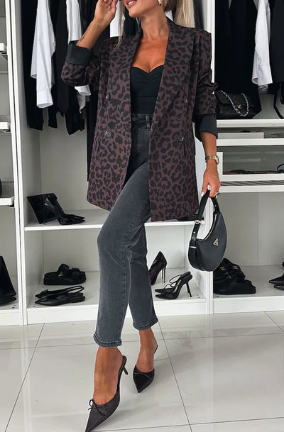 Nicole Oversized Faux Leather Leopard Blazer Jacket-Dark Brown