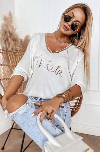 'Oh La La' Metallic Printed Light Knitted Top-Ivory