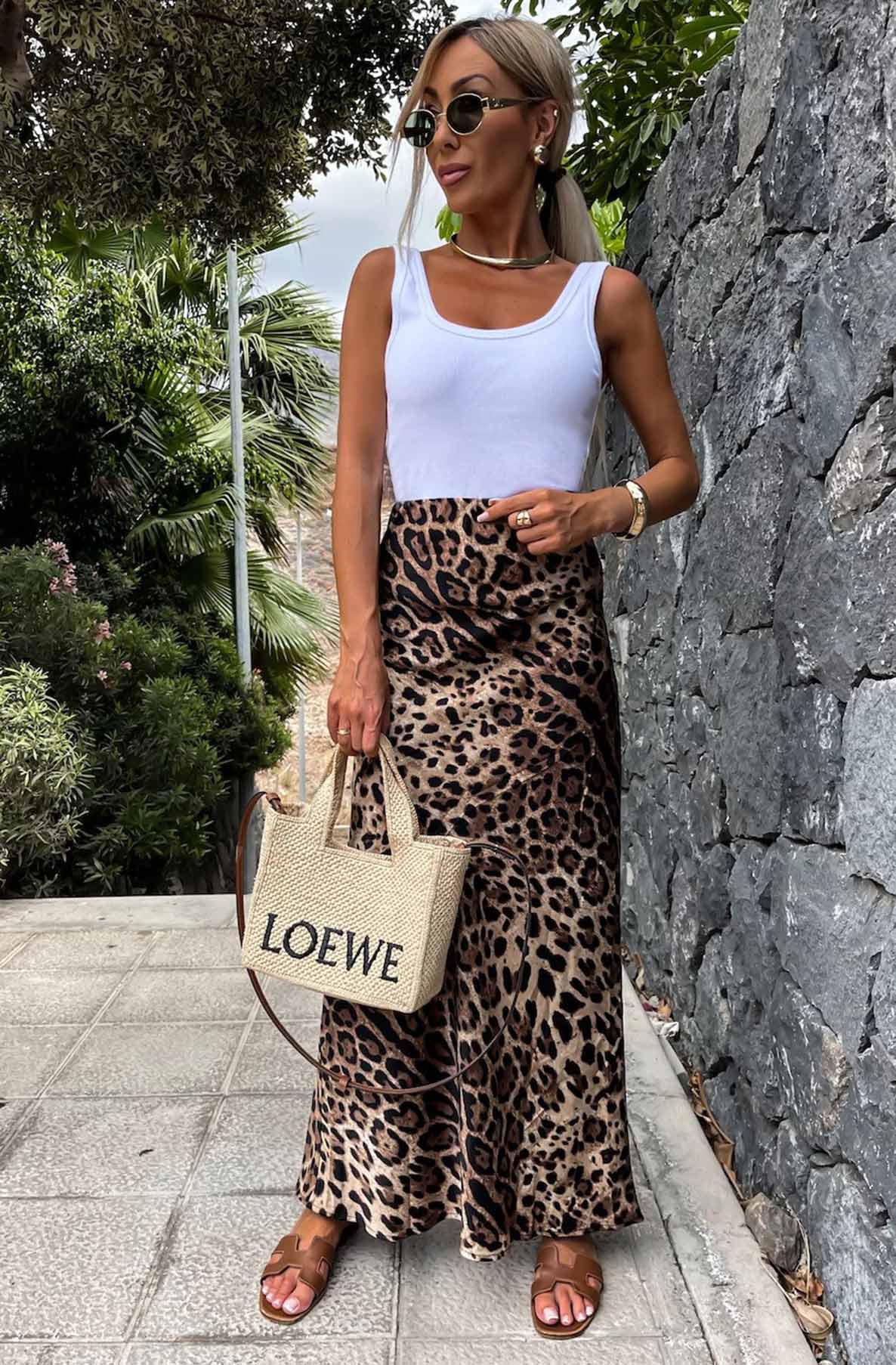 Riva Satin Leopard Print Maxi Skirt-Brown