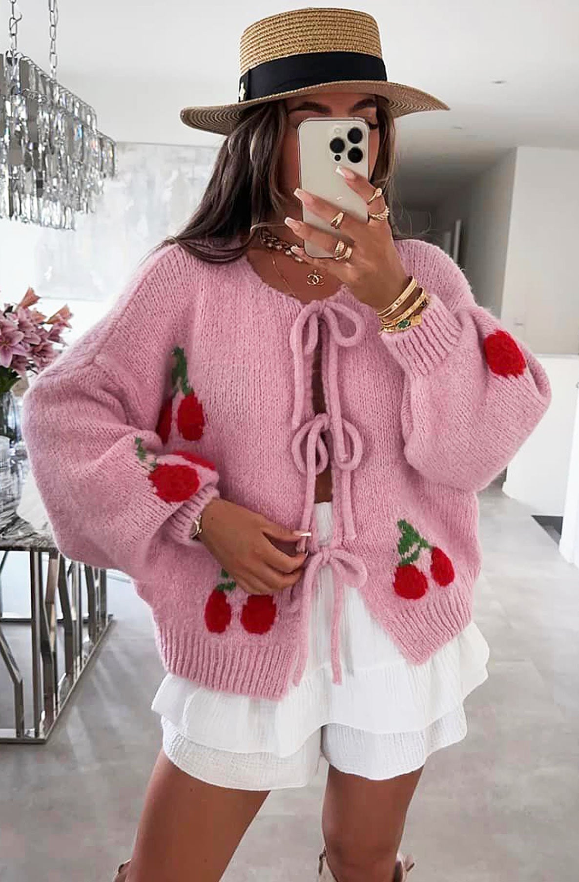 Sabrina 'Cherry' Printed Knitted Tie Up Cardigan-Pink