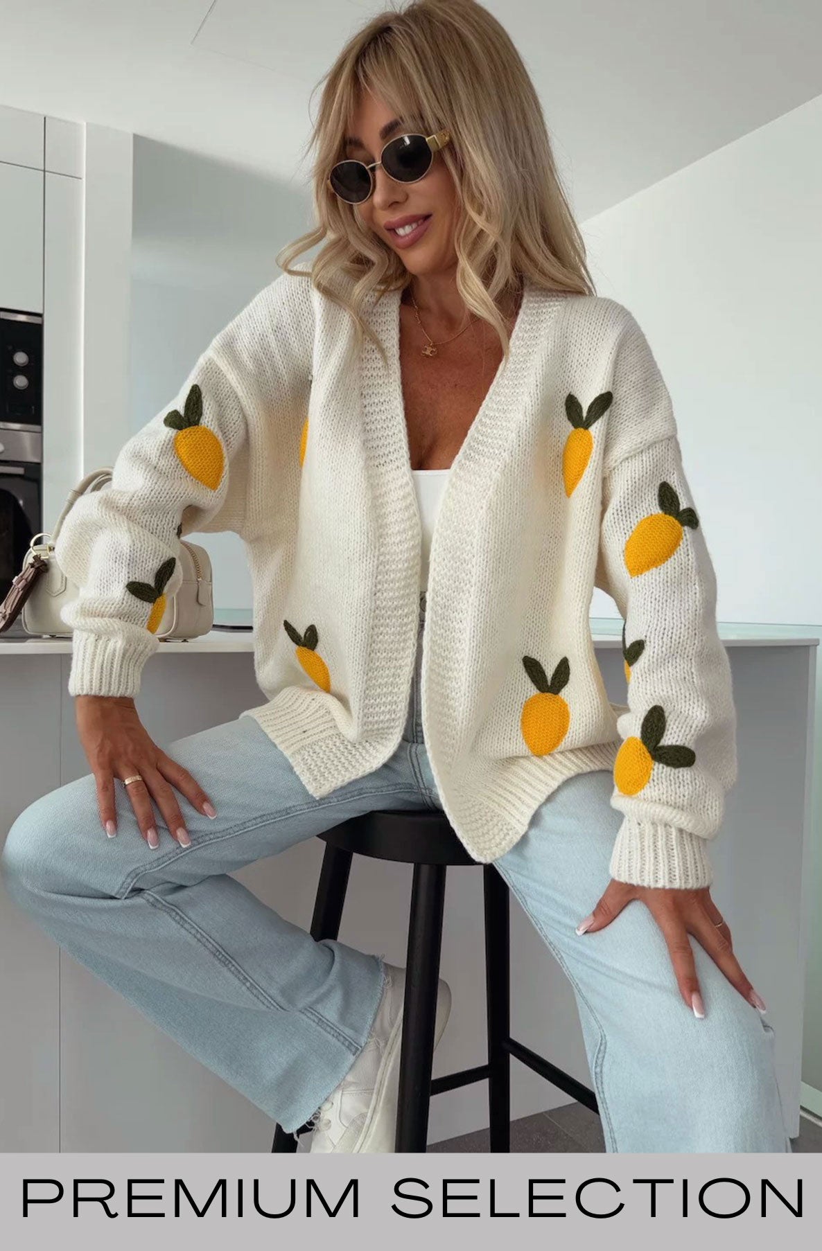 Sofia 'Lemon' Applique Embroidered Knitted Cardigan-Ivory