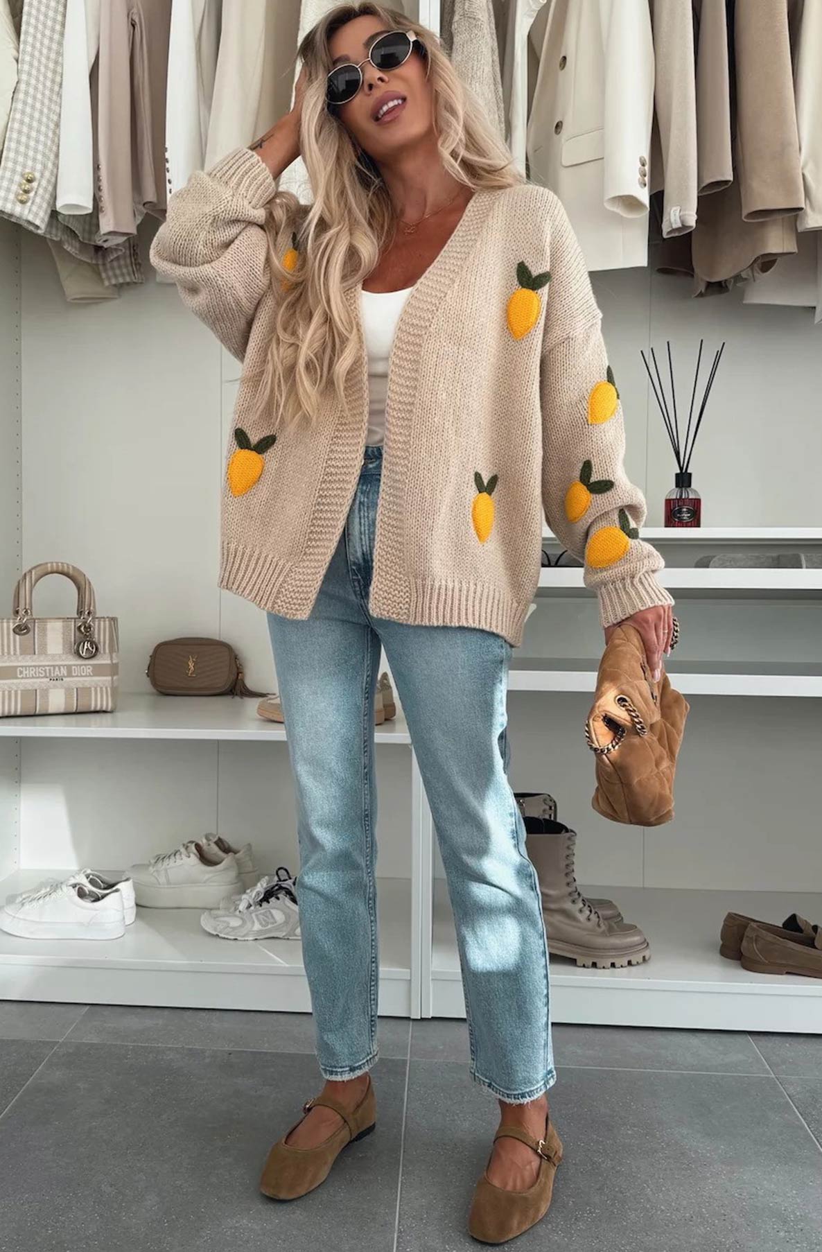 Sofia 'Lemon' Applique Embroidered Knitted Cardigan-Stone